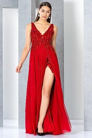 red net sequins embroidered flared gown