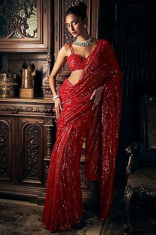 red net sequins embroidered saree set