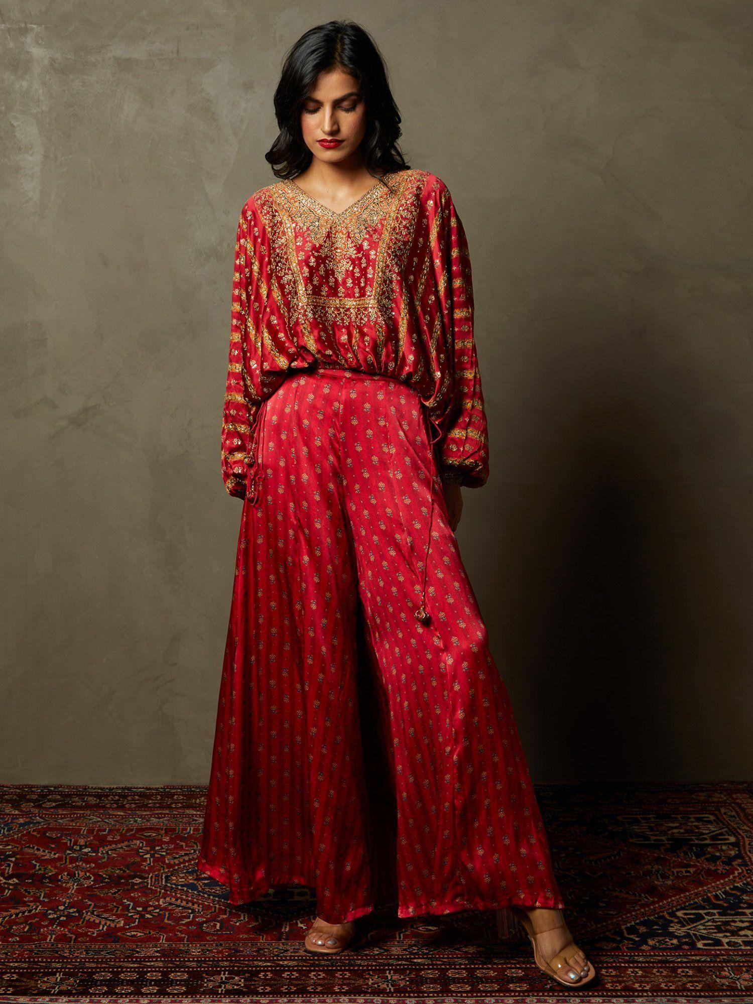 red noor embroidered top and palazzo ensemble (set of 2)