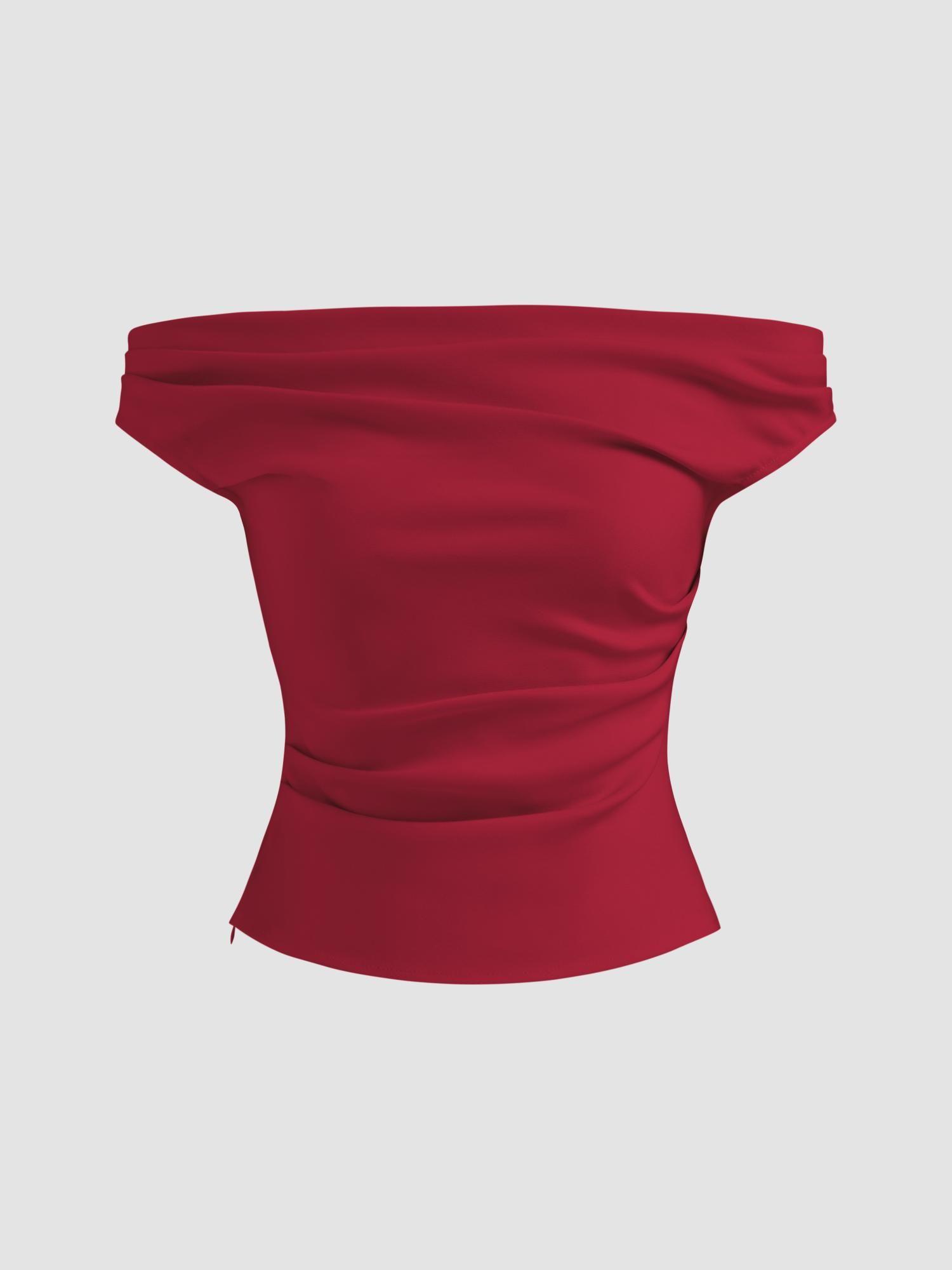 red off shoulder ruched zipper crop top