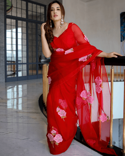 red old love embellished handpainted organza silk saree