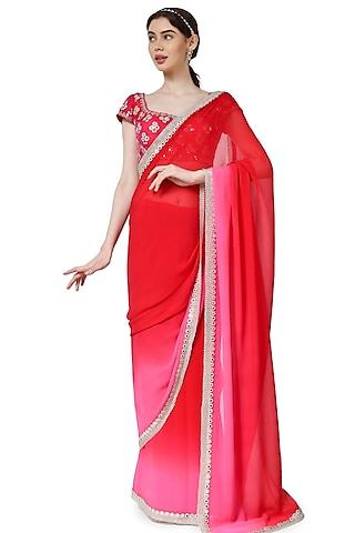 red ombre chiffon hand embroidered saree set