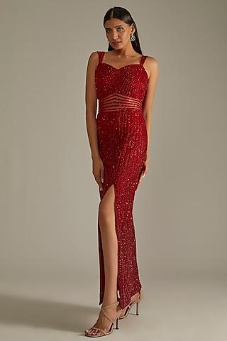 red ombre embellished sheath gown