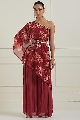 red one-shoulder asymmetric georgette printed tunic set