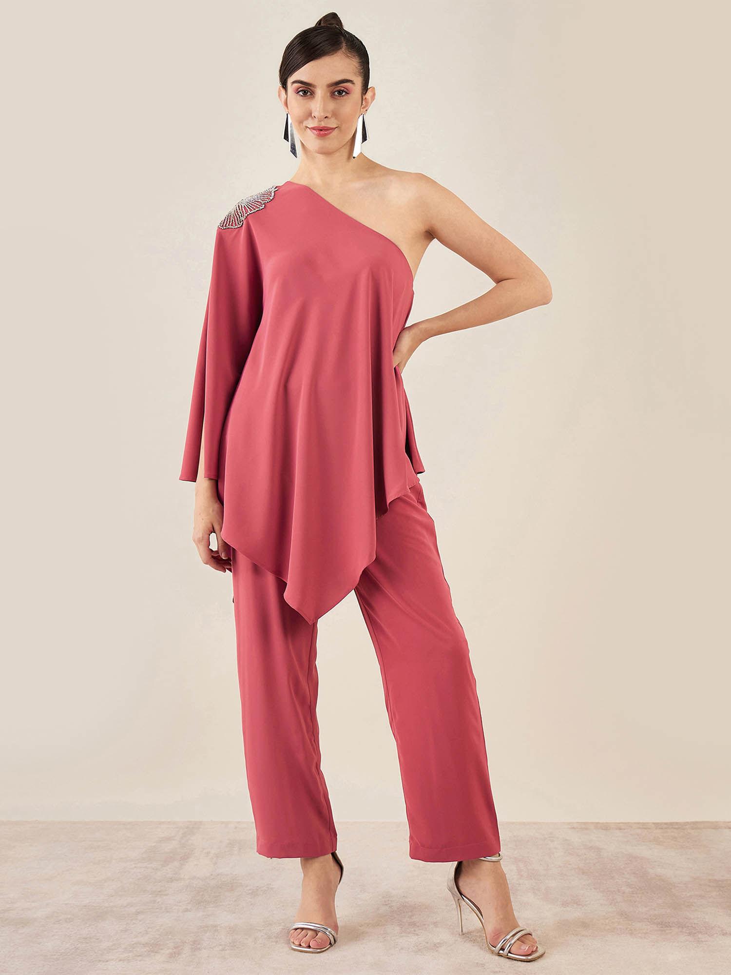 red one-shoulder embroidered top with straight pant (set of 2)