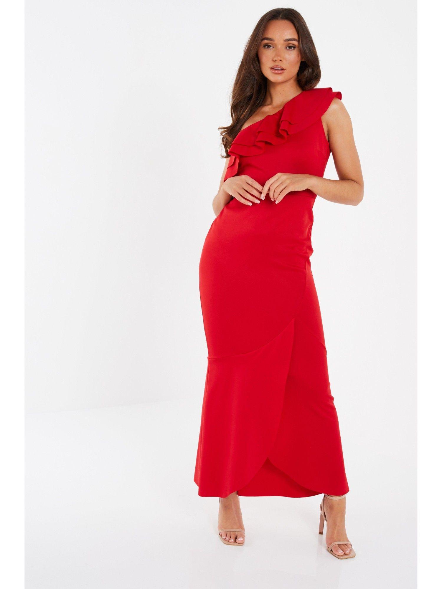 red one shoulder frill maxi dress