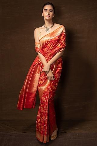 red-orange pure silk floral handwoven banarasi saree