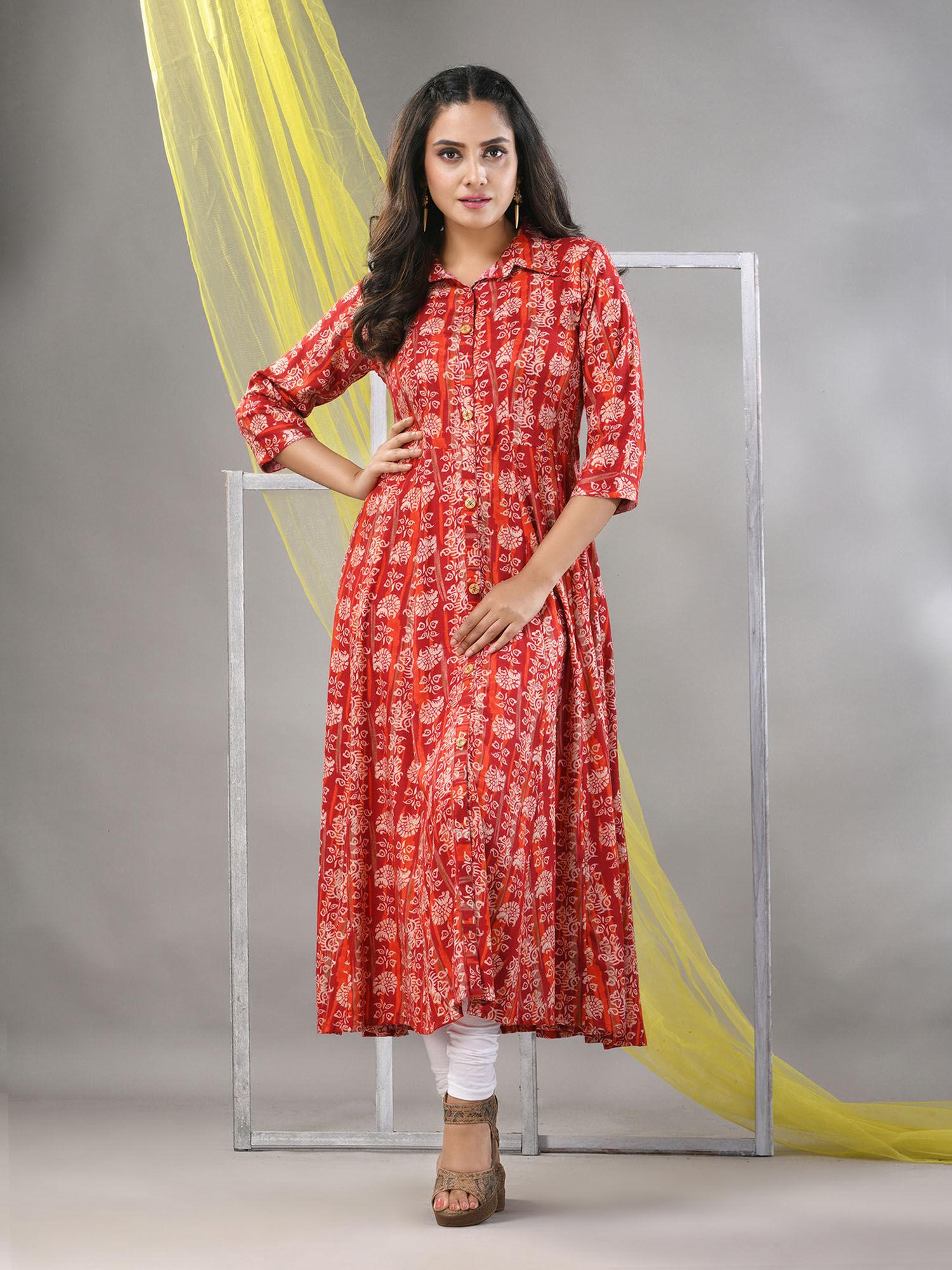 red orange rayon printed anarkali kurta