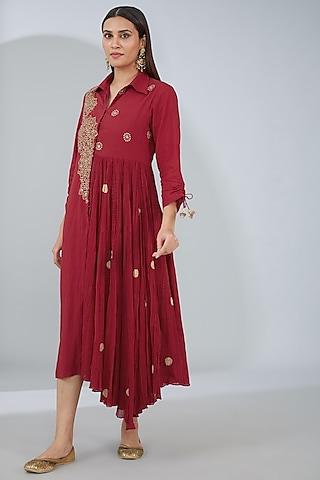 red organic cotton hand embroidered shirt dress