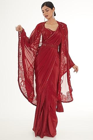 red organza & crepe pre-draped saree set