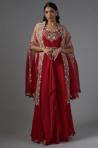 red organza & georgette gown with cape