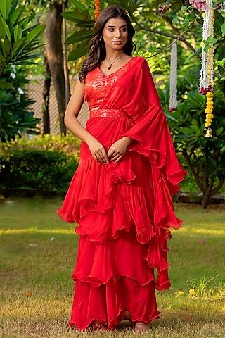 red organza & georgette ruffled draped saree set