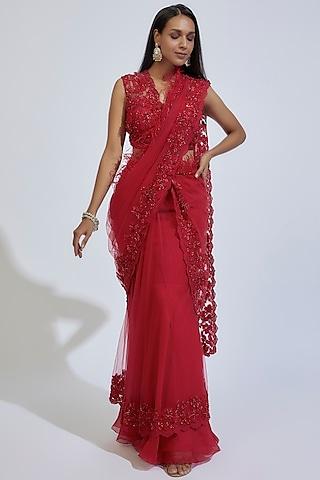 red organza & net embellished draped saree set