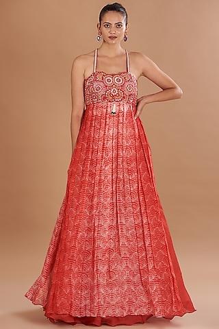 red organza & raw silk printed anarkali set