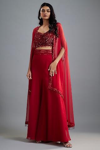 red organza & raw silk sequins embroidered cape set