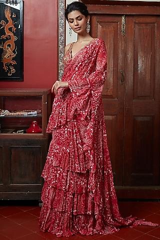 red organza & silk garden printed ruffled saree set