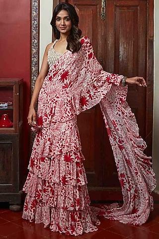 red organza & silk garden printed ruffled saree set