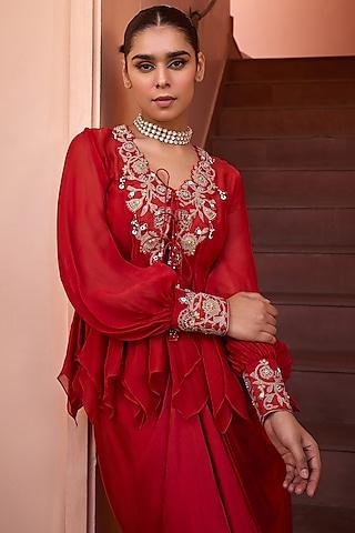 red organza & silk hand embroidered top