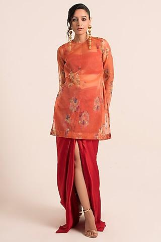 red organza & tissue moti embroidered kurta set