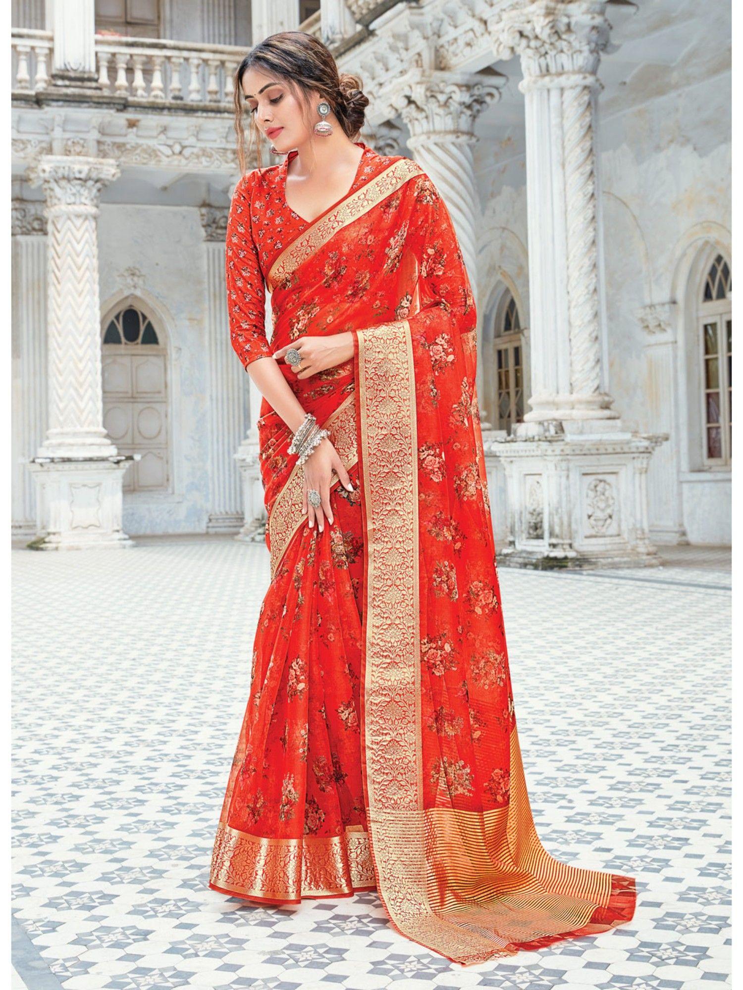 red organza digital print traditional saree with unstitched blouse