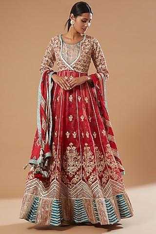 red organza embellished anarkali set