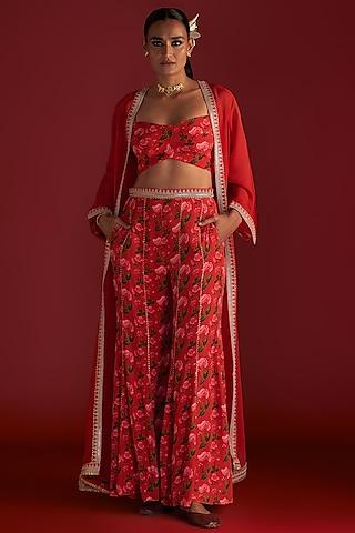 red organza embellished cape set