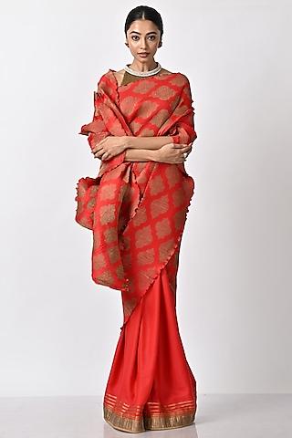 red organza embroidered & printed pleated saree set