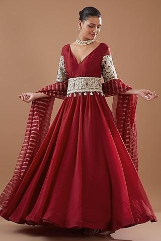 red organza embroidered anarkali set