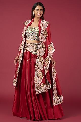 red organza embroidered butterfly cape set