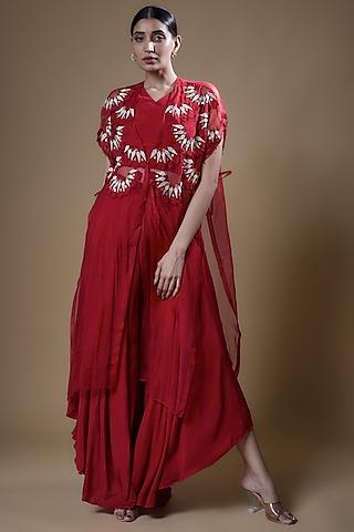 red organza embroidered cape set