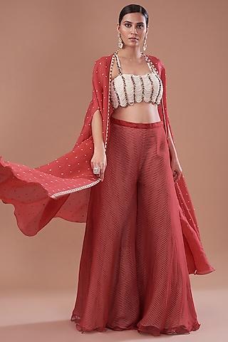 red organza embroidered cape set