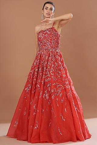 red organza embroidered gown