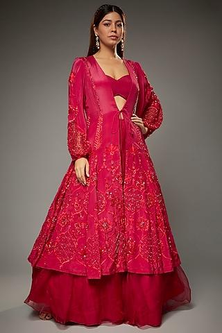 red organza embroidered jacket lehenga set