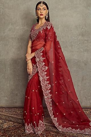 red organza embroidered saree set