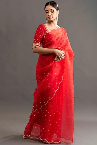 red organza embroidered saree set