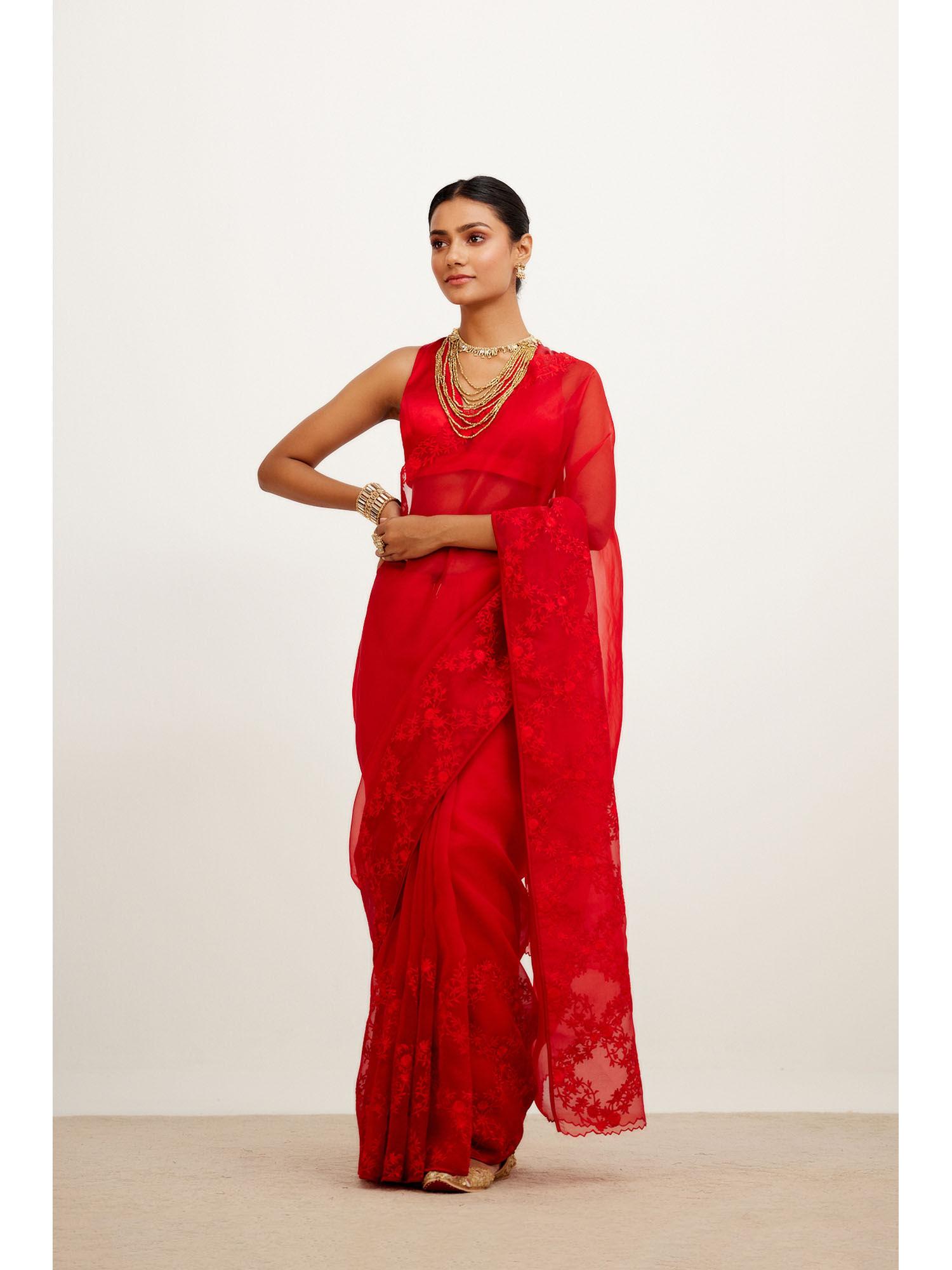 red organza embroidered saree with stitched blouse (set of 2)