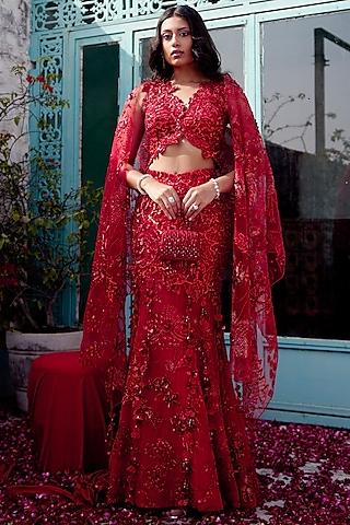 red organza floral applique handwork mermaid lehenga set