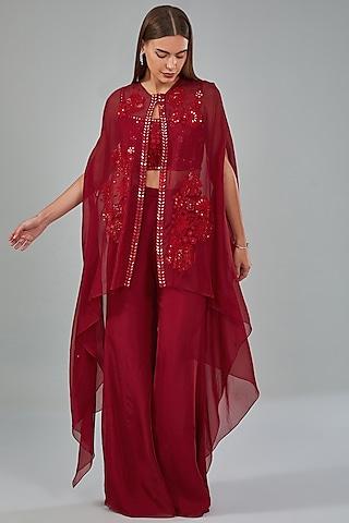 red organza floral embroidered cape set