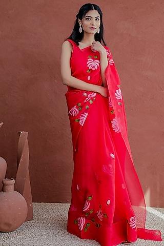 red organza floral hand-painted saree set