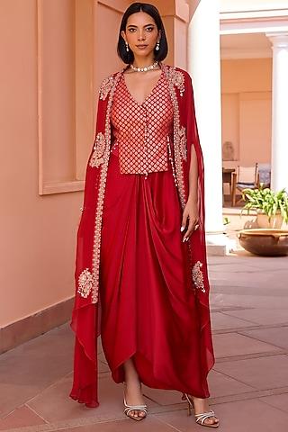 red organza gota embroidered cape set