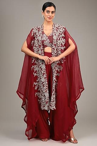 red organza hand embroidered cape set