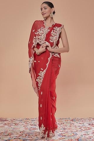 red organza hand embroidered saree set