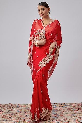 red organza hand embroidered saree set