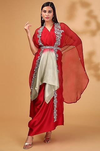 red organza maal work cape set