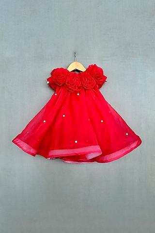 red organza pearl embellished flared dress for girls