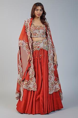 red organza pearl embroidered butterfly cape set