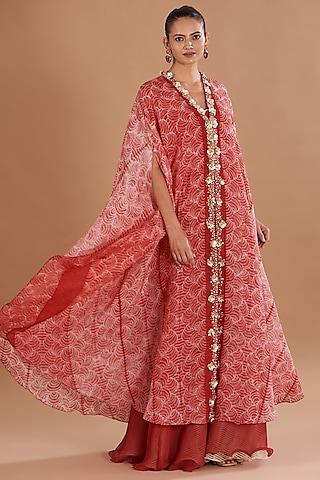 red organza printed & embroidered cape set