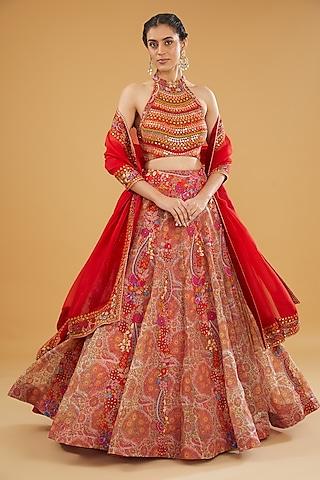 red organza printed & embroidered lehenga set