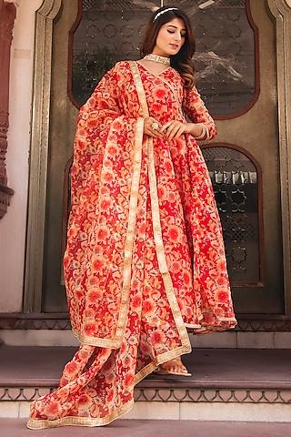 red organza printed anarkali set