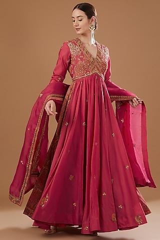 red organza printed kalidar anarkali set